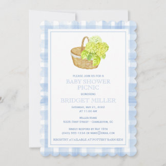 Invitation Panier de fleurs d'hortensia à gingham bleu feston