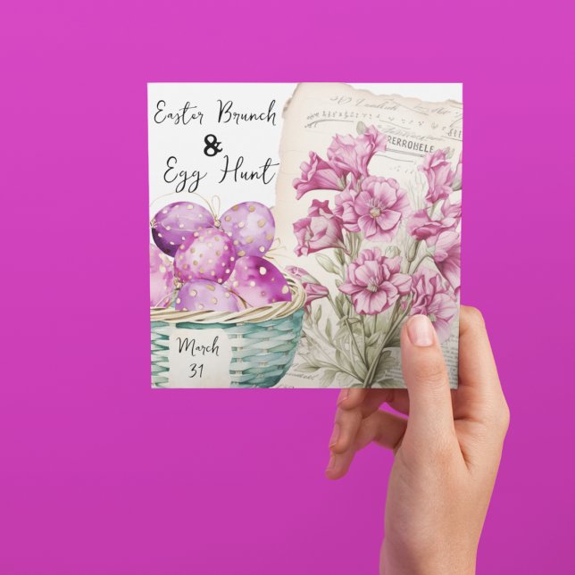 Invitation Panier de Pâques avec oeufs et fleurs éphémères (Cute polka dotted Easter Eggs and Easter flowers on Brunch and Egg Hunt customizable invitation)