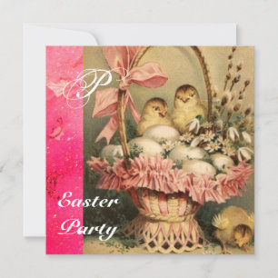 INVITATION PANIER ÉLÉGANT, POULET, FLEURS ET OEUFS DE PÂQUES