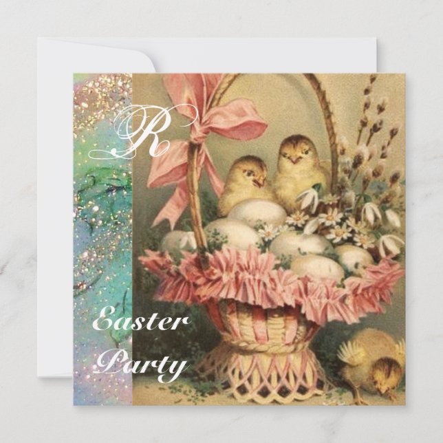 INVITATION PANIER ÉLÉGANT, POULET, FLEURS ET OEUFS DE PÂQUES (Devant)