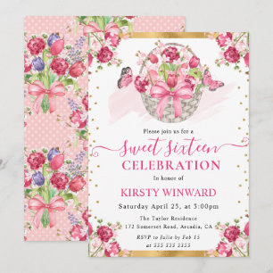 Invitation Panier floral rose et papillons Sweet Sixteen