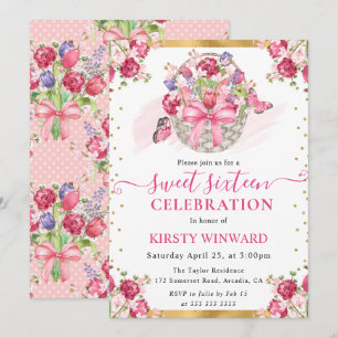 Invitation Panier floral rose et papillons Sweet Sixteen