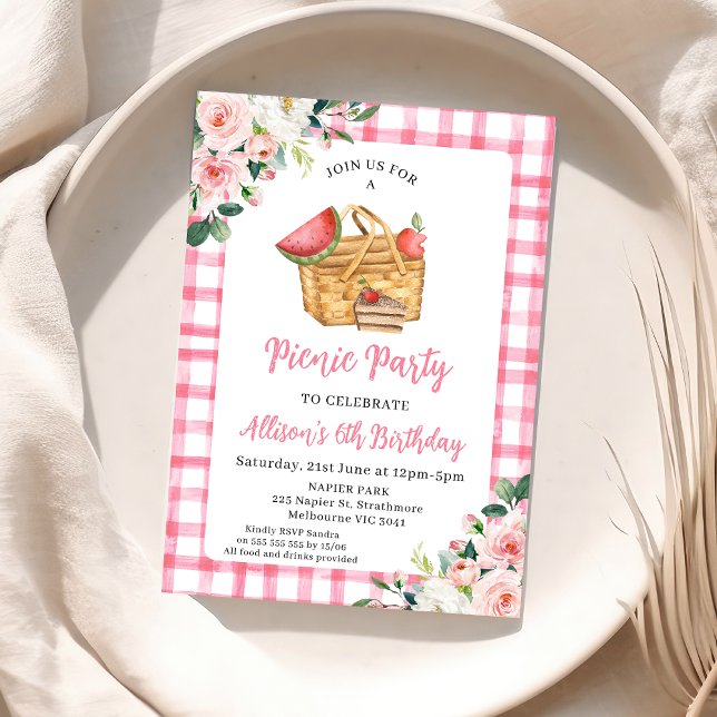 Invitation Panier Pique-nique Rose Floral Panier Pique-nique  (Boho Pink Floral Picnic Birthday Invitation, Pink Gingham Picnic Party Birthday Invite, Basket)