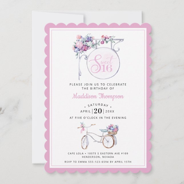 Invitation Panneau café floral rose | Sweet 16 (Devant)