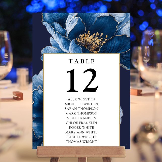 Invitation Panneau de table floral or bleu marine Numéro de t (Navy Blue Gold Floral Table Number Seating Chart)