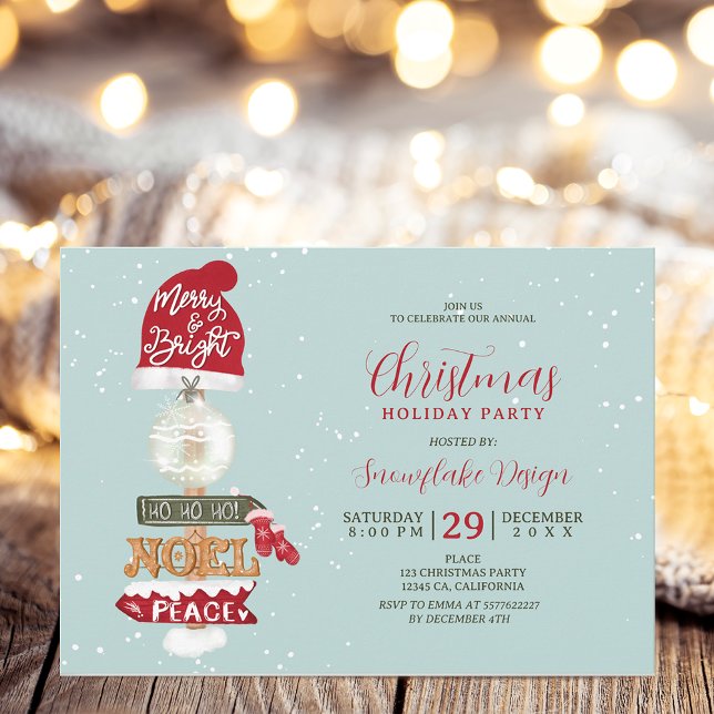 Invitation Panneau en bois rustique entreprise Noël (Rustic wooden sign business corporate Christmas Invitation on ice blue)