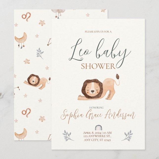 Invitation Panneau Leo Zodiac baby shower (Devant / Derrière)