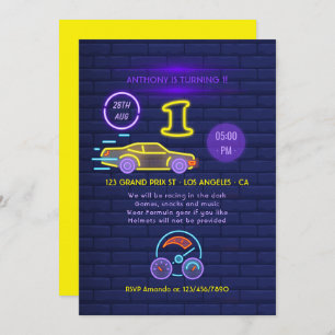 Invitation Panneau Neon Racing Voiture thème Garçon 1er Anniv