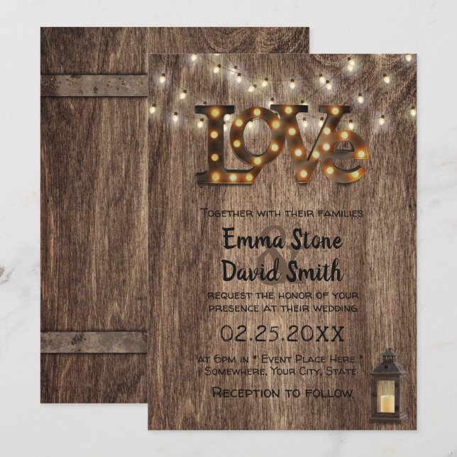Invitation Panneau Rustique Amour Mariage Lanterne & Lumières (Devant / Derrière)