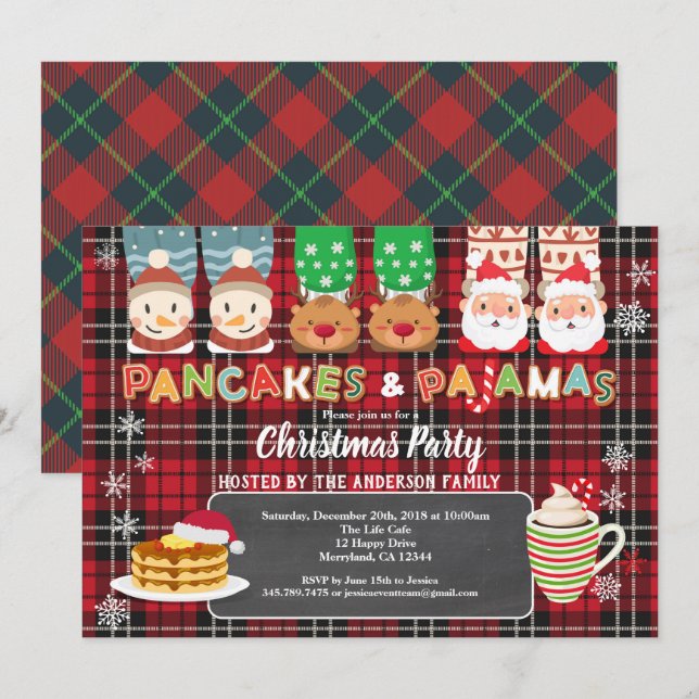 Invitation Panneaux de Noël et fête du pyjama flanelle rouge (Devant / Derrière)