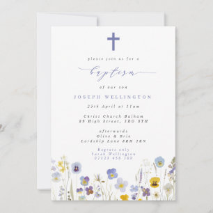 Invitation Pansies bleues et jaunes Baptême Fleur sauvage