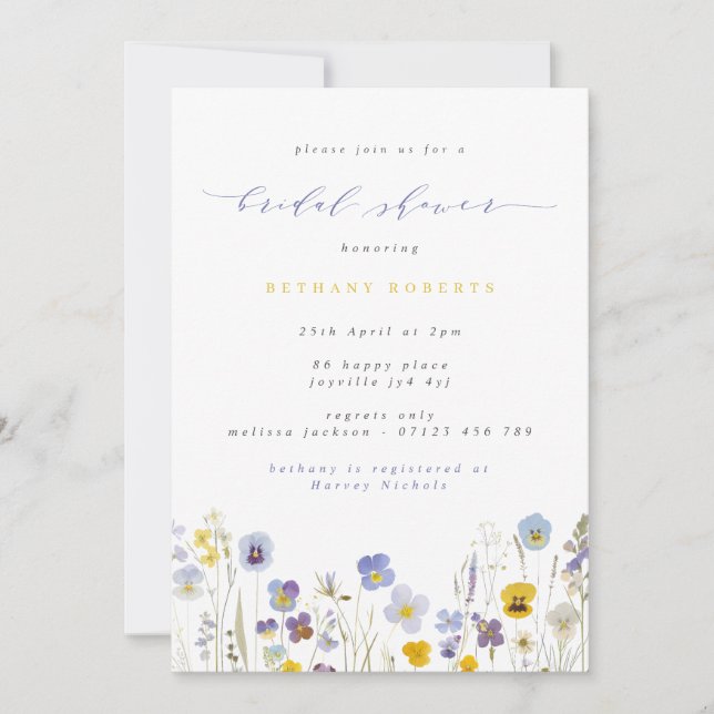 Invitation Pansies bleues et jaunes Fête des mariées Fleur sa (Devant)