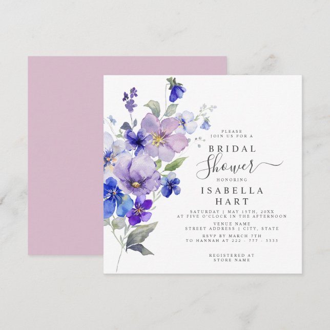 Invitation Pansies Botanique Floral Lilac Fête des mariées Bl (Devant / Derrière)