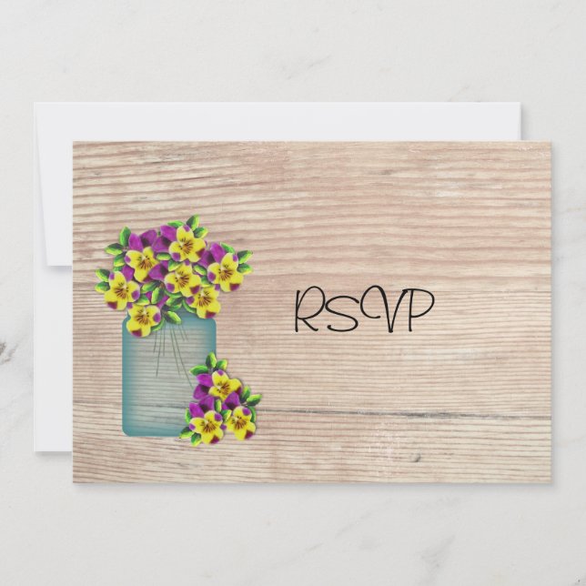 Invitation Pansies en bocal Mason bleu Réception RSVP (Devant)
