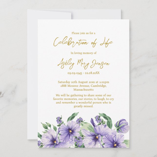 Invitation Pansy Celebration of Life Funeral (Devant)