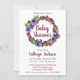 Invitation Pansy Impatiens Wreath Purple et Baby shower rose