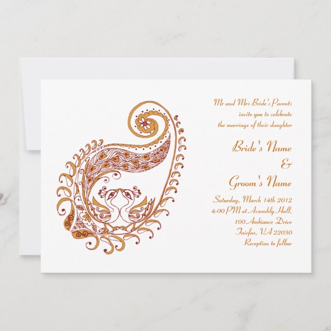 Invitation Paon-c de Paisley dans l'invitation d'art de henné (Devant)