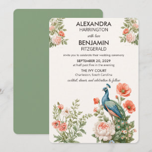 Invitation Paon de mariage botanique   Art floral vintage