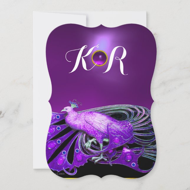 INVITATION PAON ÉLÉGANT EN MONOGRAMME DE MARIAGE VIOLET NOIR (Devant)