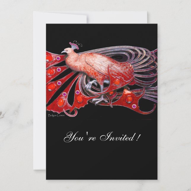 INVITATION PAON ÉLÉGANT EN ROUGE ET NOIR POUR UN MARIAGE (Devant)