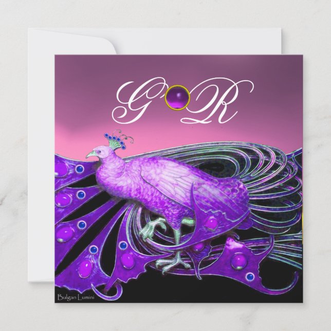 INVITATION PAON ÉLÉGANT EN VIOLET, MONOGRAMME DE MARIAGE ROSE (Devant)