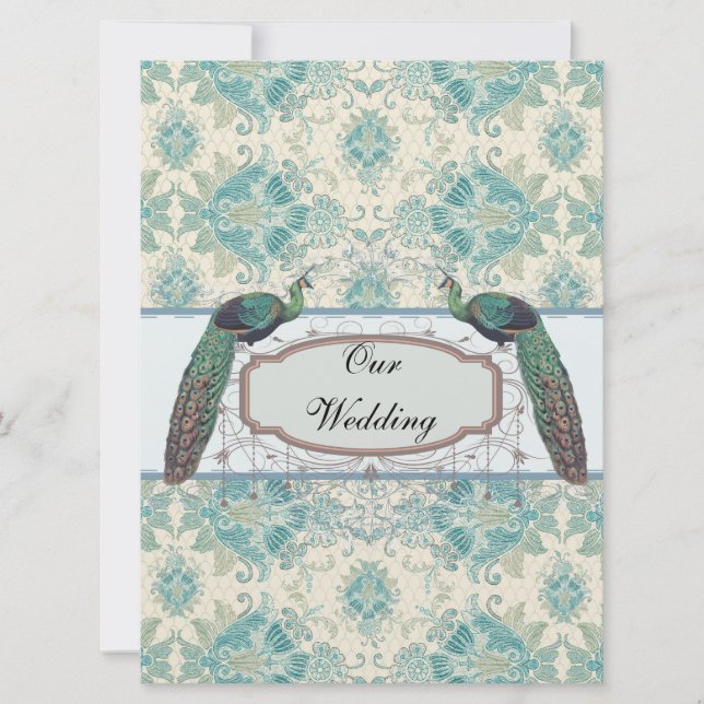 Invitation paon et crème élégante turquoise mariage damassé (Devant)