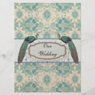 Invitation paon et élégant mariage damassé sarcelle crème