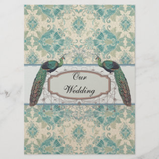 Invitation paon et élégant mariage damassé sarcelle crème
