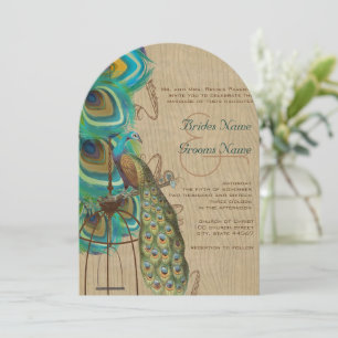 Invitation Paon musical en bois rustique Cage d'oiseau Plume