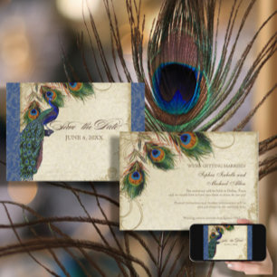 Invitation Paon & Plumes Formel Date de Sauvegarde Bleu Marin
