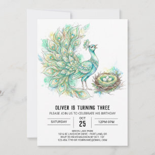 Invitation Paon Turquoise Aquarelle Anniversaire