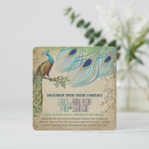 Invitation Paon Vintage 3 Plumes Papier Ancien