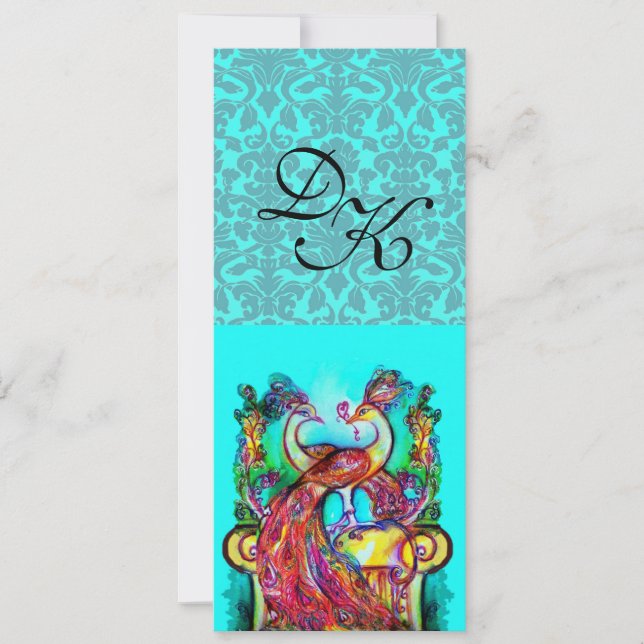 INVITATION PAONS AMOUREUX BLEU AQUA SARCELLE DAMASSÉ MONOGRAM (Devant)