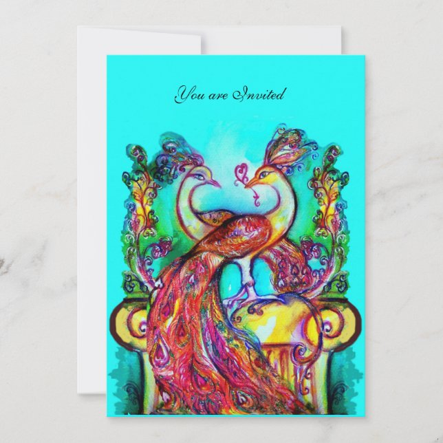 Invitation PAONS AMOUREUX Mariage Rouge Turquoise Vert Aqua B (Devant)