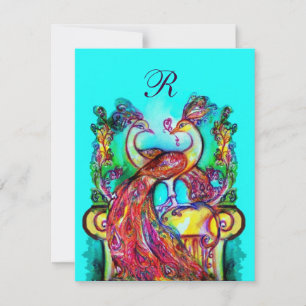 Invitation PAONS AMOUREUX MONOGRAMME rouge bleu turquoise ver