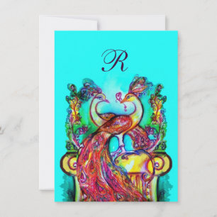 Invitation PAONS AMOUREUX MONOGRAMME rouge bleu turquoise ver