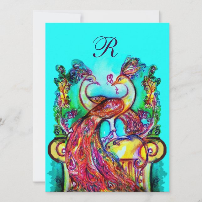 Invitation PAONS AMOUREUX MONOGRAMME rouge bleu turquoise ver (Devant)
