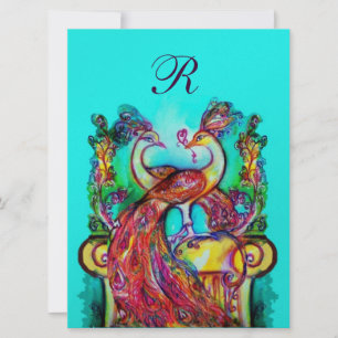 Invitation PAONS AMOUREUX MONOGRAMME rouge bleu vert