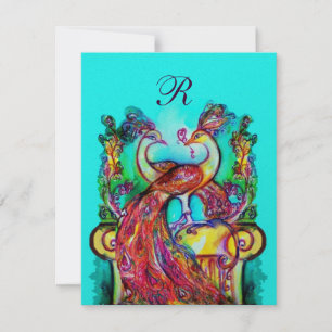 Invitation PAONS AMOUREUX MONOGRAMME Rouge Turquoise Bleu Ver