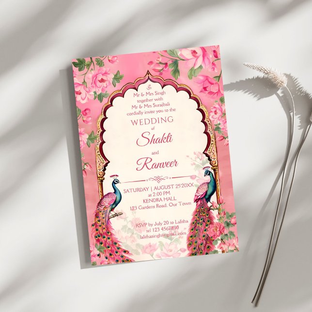 Invitation paons rose vintage mariage indien (Vintage pink peacocks arch frame Indian wedding Invitation editable template instant download)