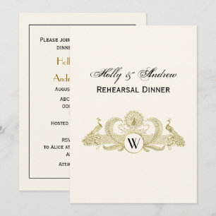 Invitation Paons vintage monogramme or faux ivoire BG