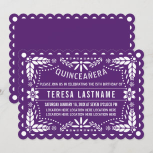 Invitation Pape blanc et violet picado Quinceañera