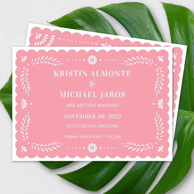 Invitation Papel moderne Picado Enregistrer la date (Modern Papel Picado Save The Date in Pink)