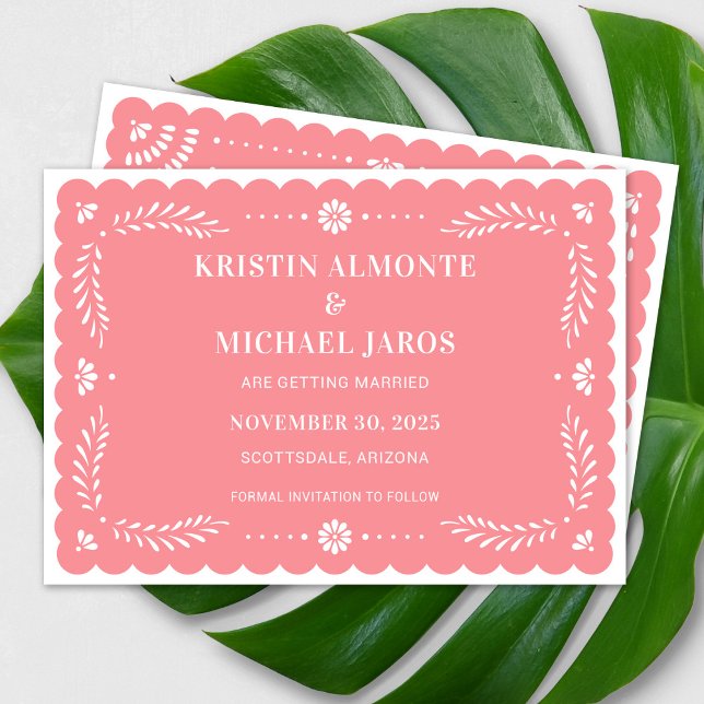 Invitation Papel moderne Picado Enregistrer la date (Modern Papel Picado Save The Date in Rose)