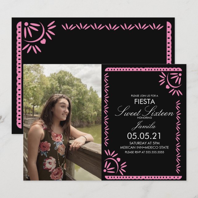 Invitation Papel Picado Fiesta Sweet 16 Mexicain rose Photo (Devant / Derrière)
