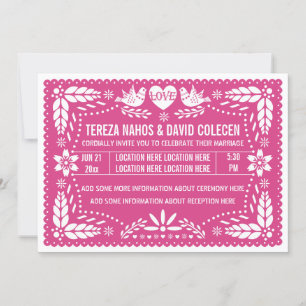 Invitation Papel picado inséparables mariage rose chaud