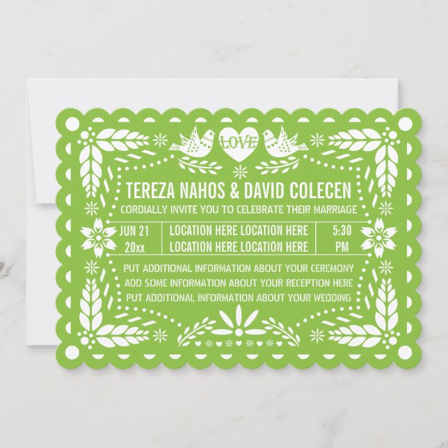 Invitation Papel picado inséparables vert fiesta mariage (Devant)