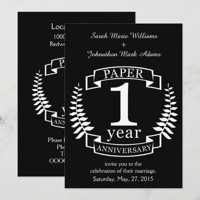 Invitation Papier 1ère anniversaire de mariage 1 an (Devant / Derrière)