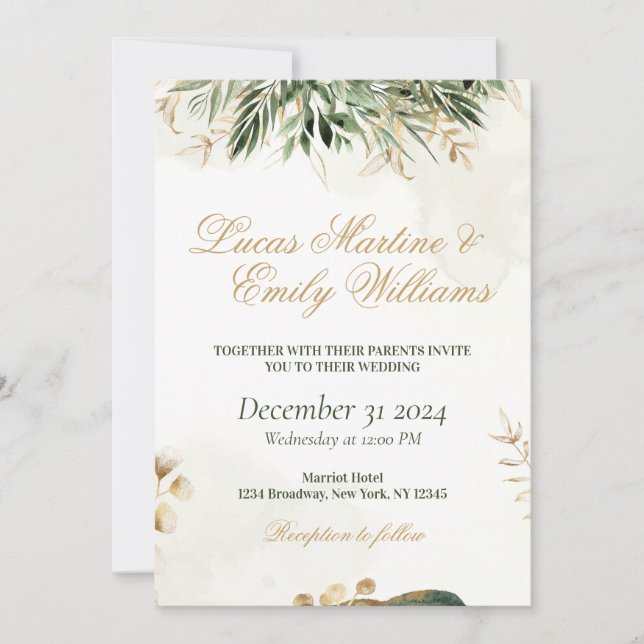 Invitation Papier aquarelle Eucalyptus Verdure Or Neustra Bod (Devant)