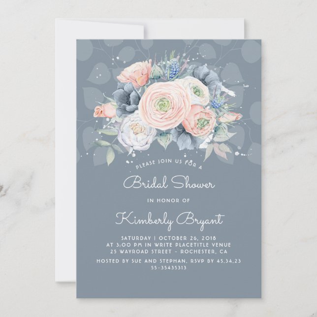 Invitation Papier bleu Dusty et Fête des mariées florale rose (Devant)